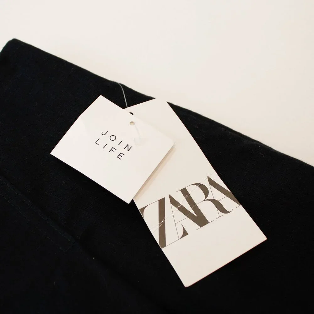 Minimalist | ZARA Linen Pleated Wide Leg Pants | Black Summer Breathable NWT | S